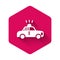 White Police car and police flasher icon isolated with long shadow. Emergency flashing siren. Pink hexagon button