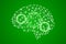 White polygonal plexus human brain with green gears