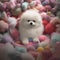 White Pomeranian puppy surrounded by colorful fluffy toys and soft textile balls, items. Children\\\'s toys concept.