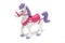 A white pony horse toy with red saddle and purple tail