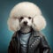 White poodle in a black leather jacket. Cocky guy.
