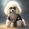 White poodle in a leather jacket and glasses. Golden chains is a lifestyle.