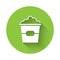 White Popcorn in cardboard box icon isolated with long shadow. Popcorn bucket box. Green circle button. Vector