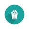 White Popcorn in cardboard box icon isolated with long shadow. Popcorn bucket box. Green circle button. Vector