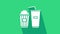 White Popcorn in cardboard box and paper glass with drinking straw and water icon isolated on green background. Soda