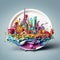 A white porcelain plate featuring a beautiful cityscape painting. 3d abstract illustration