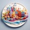 A white porcelain plate featuring a beautiful cityscape painting. 3d abstract illustration