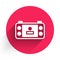 White Portable video game console icon isolated with long shadow background. Handheld console gaming. Red circle button