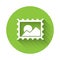 White Postal stamp icon isolated with long shadow. Green circle button. Vector Illustration