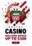 White poster with liquid shapes, red slot machine, Casino Wheel Fortune, Roulette wheel, Poker table, poker chips.