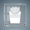White Potatoes french fries in carton package box icon isolated on grey background. Fast food menu. Square glass panels