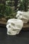 White pots for plants with succulents in the shape of a skull made of plaster, concrete. Creative Halloween floral