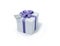 White present box with blue ribbon