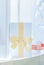 White present boxes package with golden ribbons decorated as holiday gift boxes in snow winter season. Happiness, Giving Sharing,