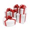 White Present Boxes with Red Ribbons and Bows