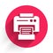 White Printer icon isolated with long shadow. Red circle button. Vector Illustration