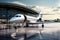 White private jet on the runway of the airport. 3d rendering, Business jet in airport, AI Generated