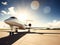 White private jet on the runway in the sun. Made with Generative AI