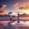 White Private Jet Soaring in Sunset Blue Sky over Uninhabited Desert Mountains