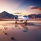 White Private Jet Soaring in Sunset Blue Sky over Uninhabited Desert Mountains