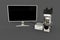 White professional microscope, cpu box and empty monitor isolated, photorealistic 3d illustration of object with fictional design