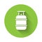 White Propane gas tank icon isolated with long shadow. Flammable gas tank icon. Green circle button. Vector