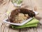 White pudding and mashed potato with peeled barley