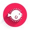 White Puffer fish icon isolated with long shadow. Fugu fish japanese puffer fish. Red circle button. Vector