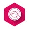 White Puffer fish on a plate icon isolated with long shadow. Fugu fish japanese puffer fish. Pink hexagon button. Vector