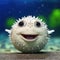 a white puffer fish with a smiling face