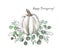 White pumpkin composition, hand painted illustration. Fall holiday decoration with pastel pumpkin, eucalyptus leaves