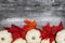 White pumpkins with fall leaves on weathered black grunge wood textured background