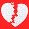 A white puzzle heart on a red background of parts, ununited, damaged, incomplete, but the parts are all there