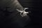 White quadrocopter fly inside the party-tent . Dark background, club light and soffits.