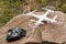 White quadrocopter on stone, close-up