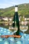 White quality riesling wine served on old bridge across Mosel river with view on old German town in sunny day