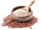 White quinoa seeds in wooden bowl and spoon on white background