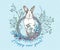White rabbit with black spots around the eyes. Chinese New Year Symbol Hare. Seating bunny in christmas wreath. New year