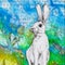White rabbit drawing on colourful blue green background.