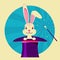 White rabbit in magical hat.Vector label of magic show