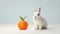 White Rabbit and Orange on a light blue background. With copy space. Ideal for pet, food, or health-related content