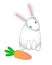 White rabbit with pink ears looks at a carrot. Long-eared hare wants to eat carrots - cute children vector illustration. Cute cart