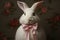 a white rabbit with a pink, silk ribbon tied around its neck