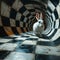White rabbit running through tunnel with chessboard square pattern. Made with Generative AI.