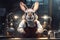 White Rabbit scientist researcher in lab uniform in old scientific chemical or physical laboratory Funny education and study