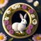 White rabbit sitting in a wreath of flowers, a digital rendering