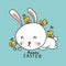 White rabbit and small birds, Happy Easter cartoon illustration doodle style