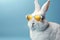 White Rabbit Wearing Yellow Sunglasses on Light Blue Background, Generative AI