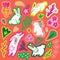White rabbits, flowers and leaves sticker set isolated on red background