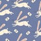 White rabbits with long ears and playing card hand drawn vector illustration. Fabulous hares with aces of spades seamless pattern.